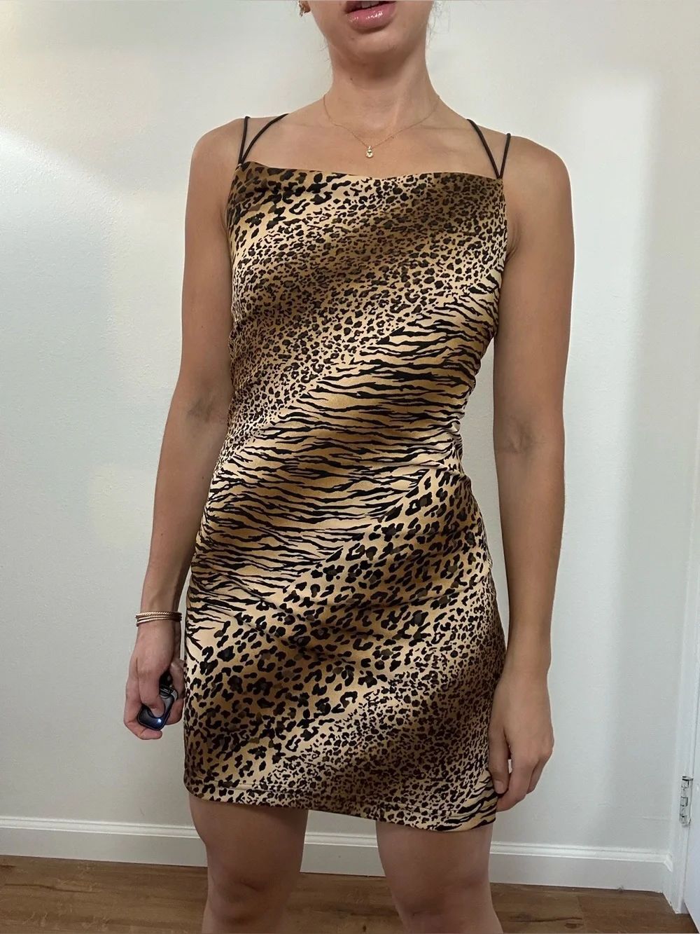 Vintage 90’s Animal Print Spaghetti-Strap Cross Back Mini Dress Tan Brown Size S